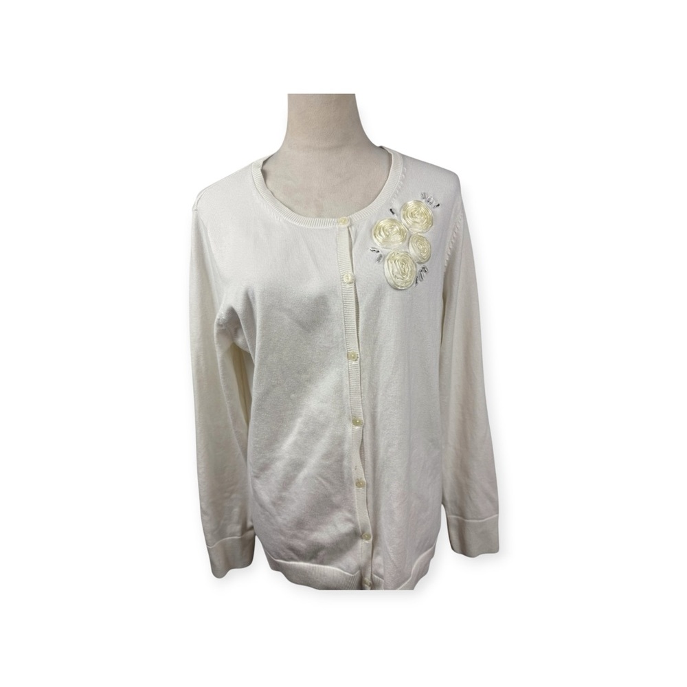 Eddie Bauer white cardigan sweater Cream fabric flowers and crystals size XL